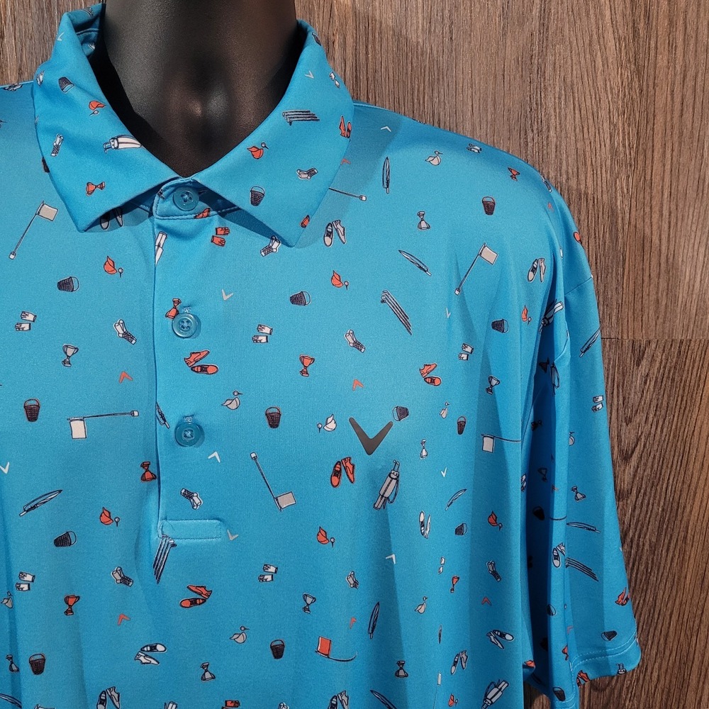 Callaway Opti-Dri Golf Polo XLT Sky Blue Golf Tee Time All Over Novelty Print